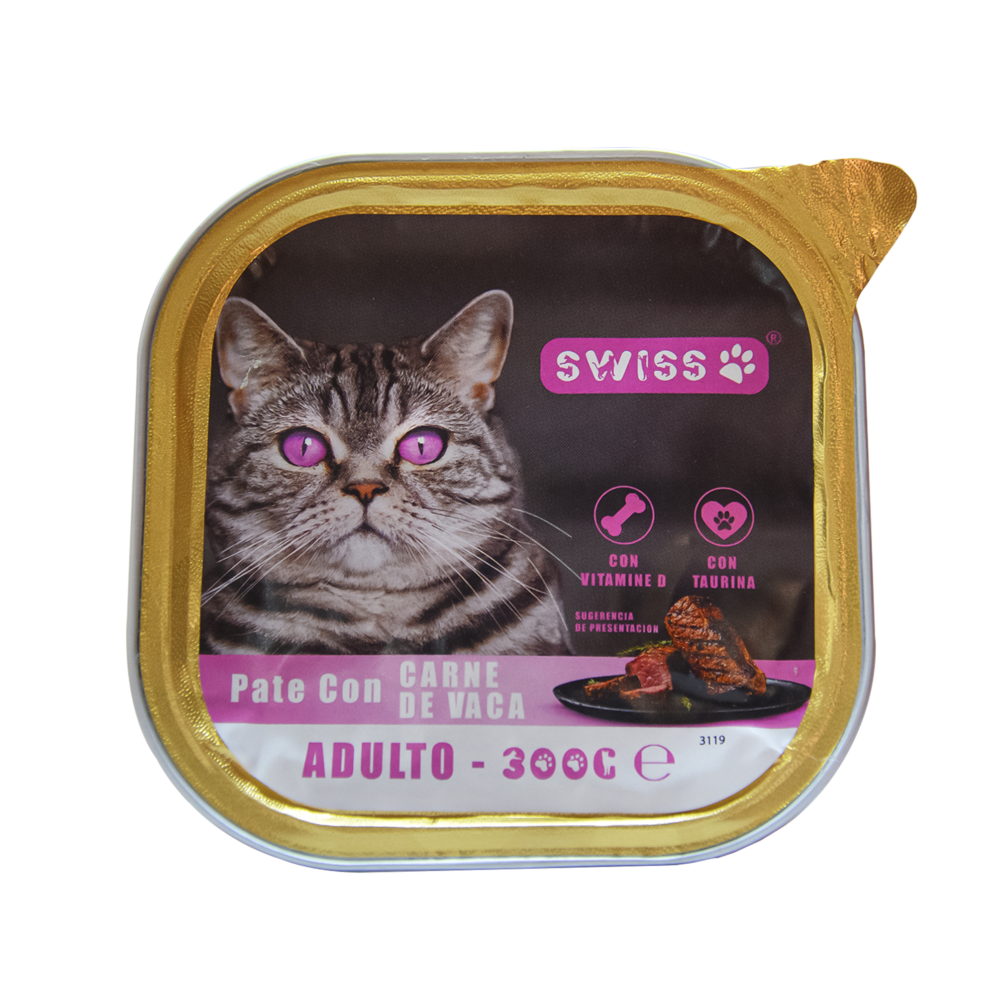 PATÉ PARA GATOS SWISS CON CARNE DE VACA 300 GR *18  UNIDADES