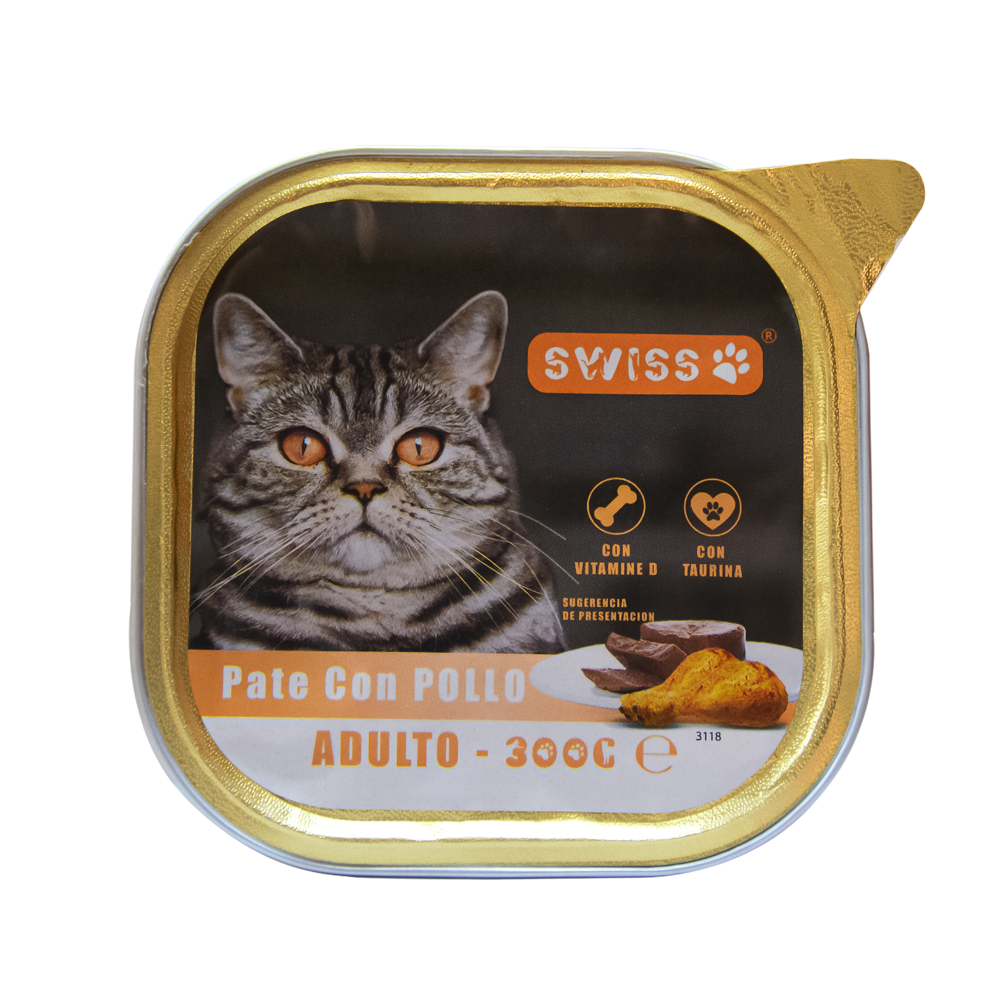 PATÉ PARA GATOS SWISS CON POLLO 300 GR *18 UNIDADES